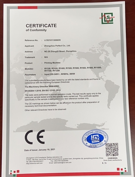 Porcellana Zhengzhou Perfect Co., Ltd. Certificazioni